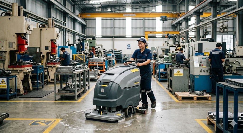 พนักงานใช้เครื่องขัดพื้นในพื้นที่ผลิต.jpg